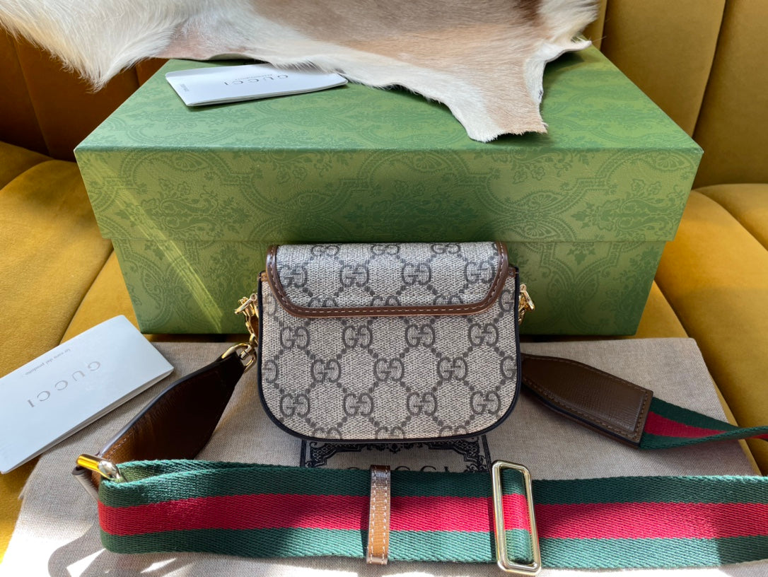 Luxury Gucci GG 12 HORSEBIT 1955 SUPER MINI BAG BEIGE CANVAS AND EBONY CALFSKIN