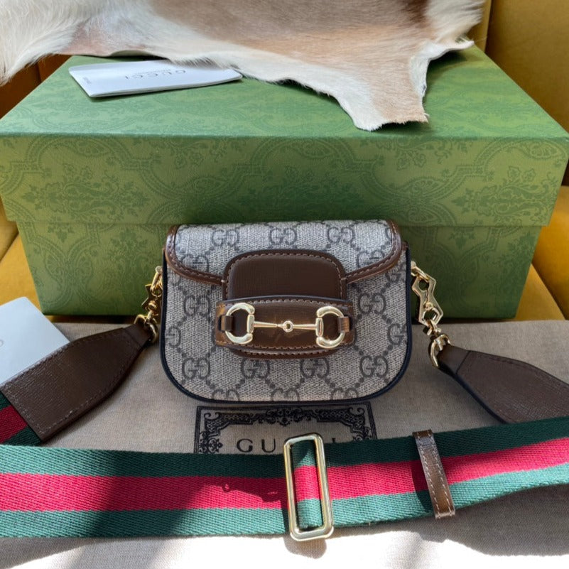 Luxury Gucci GG 12 HORSEBIT 1955 SUPER MINI BAG BEIGE CANVAS AND EBONY CALFSKIN