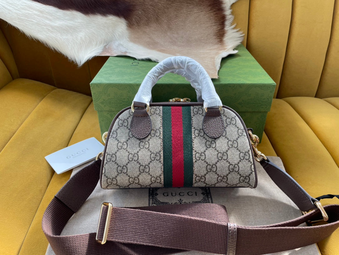 Luxury Gucci OPHIDIA GG SMALL 21 SHOULDER BAG BEIGE AND EBONY SUPREME CANVAS