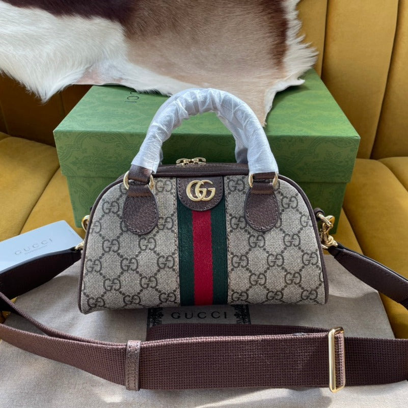Luxury Gucci OPHIDIA GG SMALL 21 SHOULDER BAG BEIGE AND EBONY SUPREME CANVAS