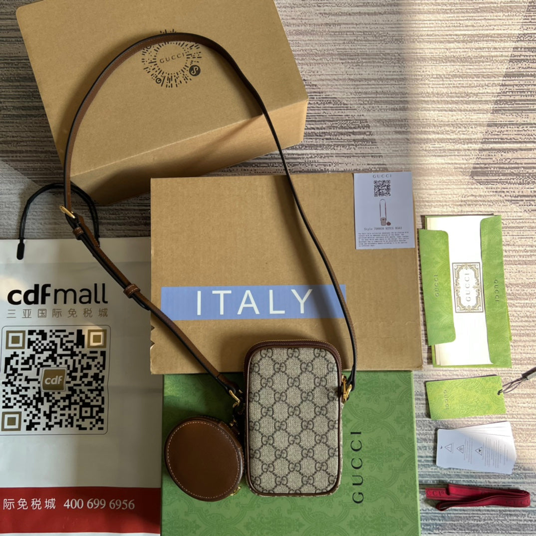 Luxury Gucci MINI BAG 17 IN BROWN CALFSKIN AND BEIGE CANVAS