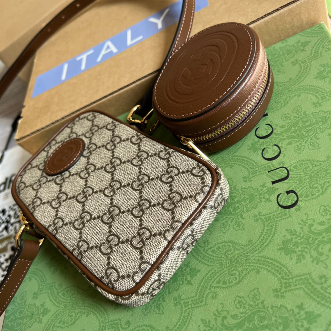 Luxury Gucci MINI BAG 17 IN BROWN CALFSKIN AND BEIGE CANVAS