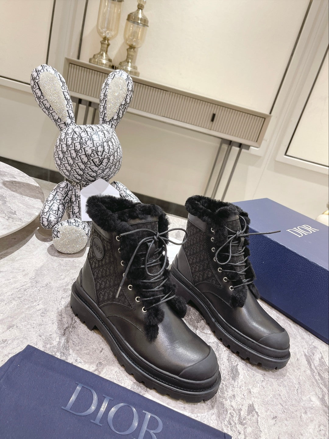 Luxury DiorExplorer Ankle Boot 50mm Black Fleece Lining Oblique Jacquard Fabric And Cowhide