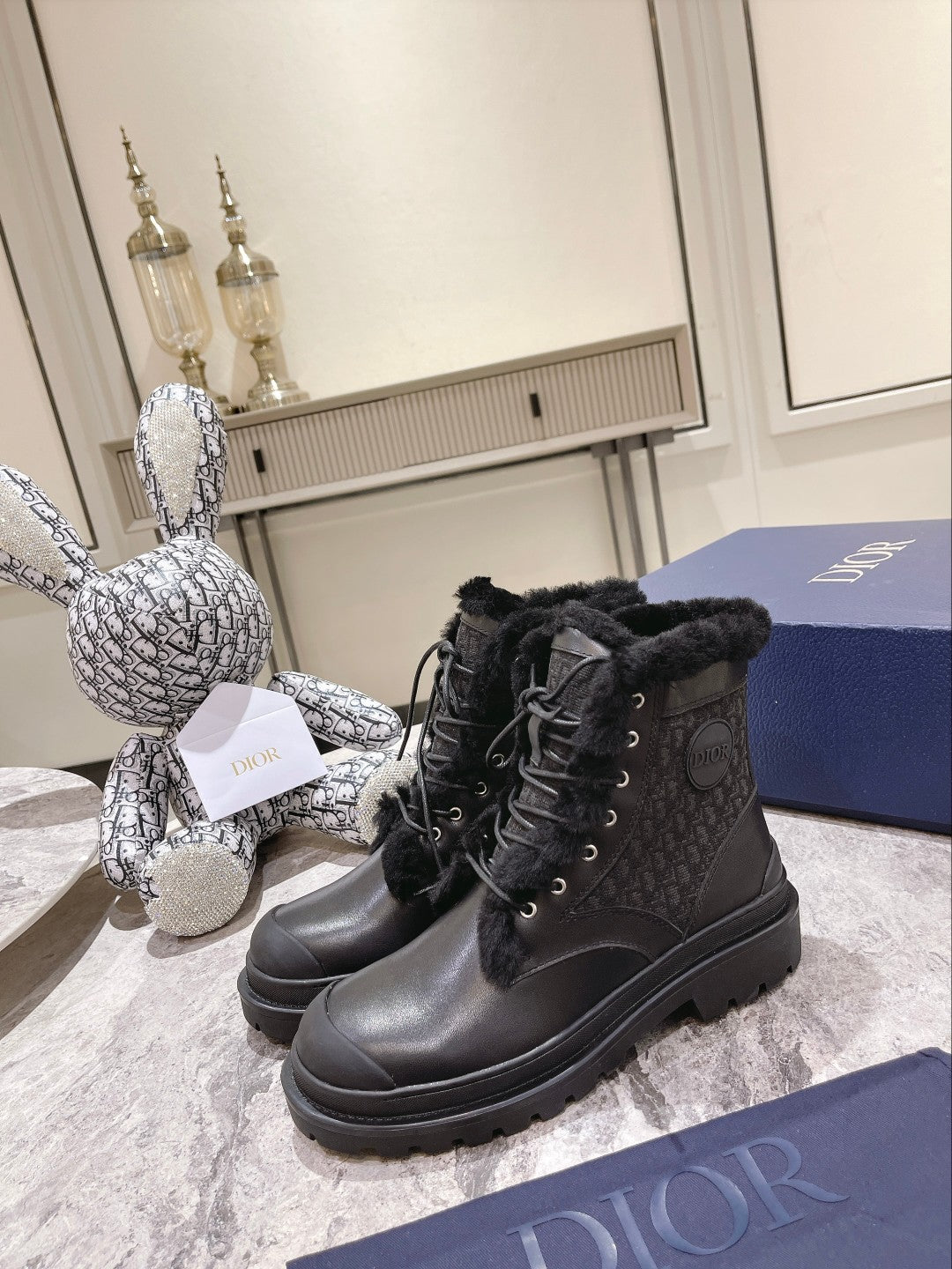 Luxury DiorExplorer Ankle Boot 50mm Black Fleece Lining Oblique Jacquard Fabric And Cowhide