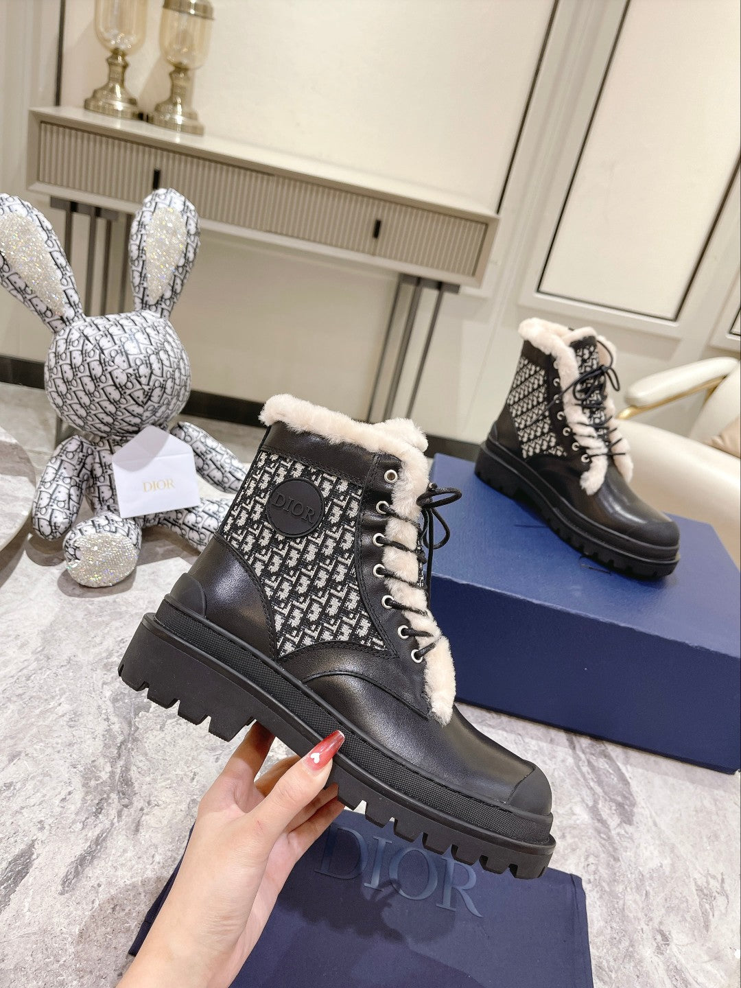 Luxury DiorExplorer Ankle Boot 50mm Black White Fleece Lining Oblique Jacquard Fabric And Cowhide