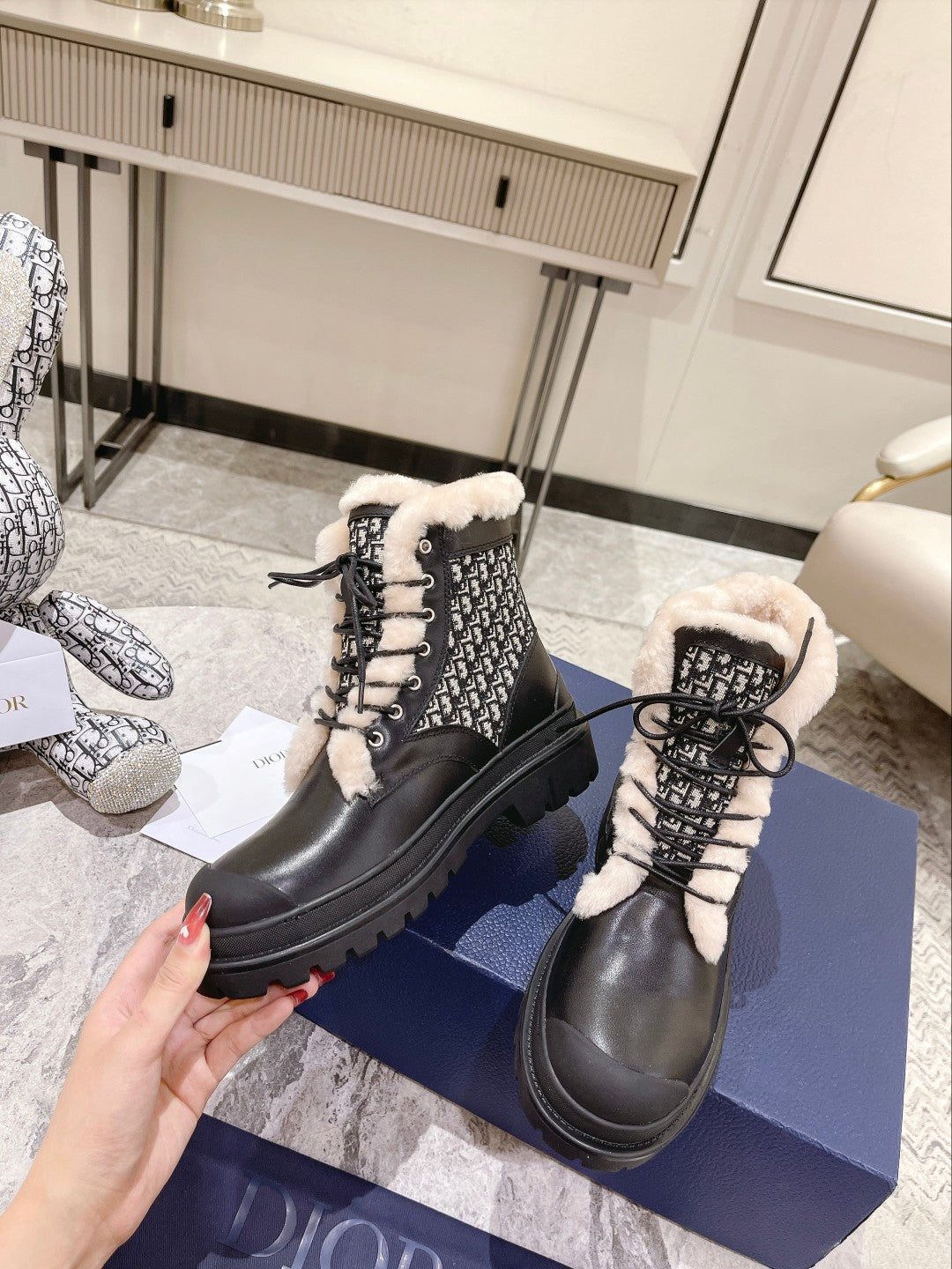 Luxury DiorExplorer Ankle Boot 50mm Black White Fleece Lining Oblique Jacquard Fabric And Cowhide
