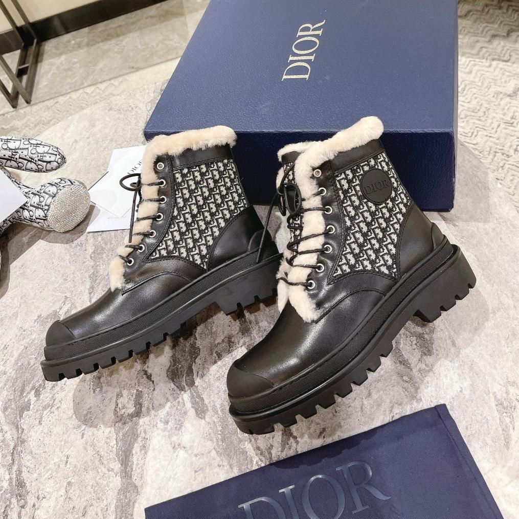 Luxury DiorExplorer Ankle Boot 50mm Black White Fleece Lining Oblique Jacquard Fabric And Cowhide