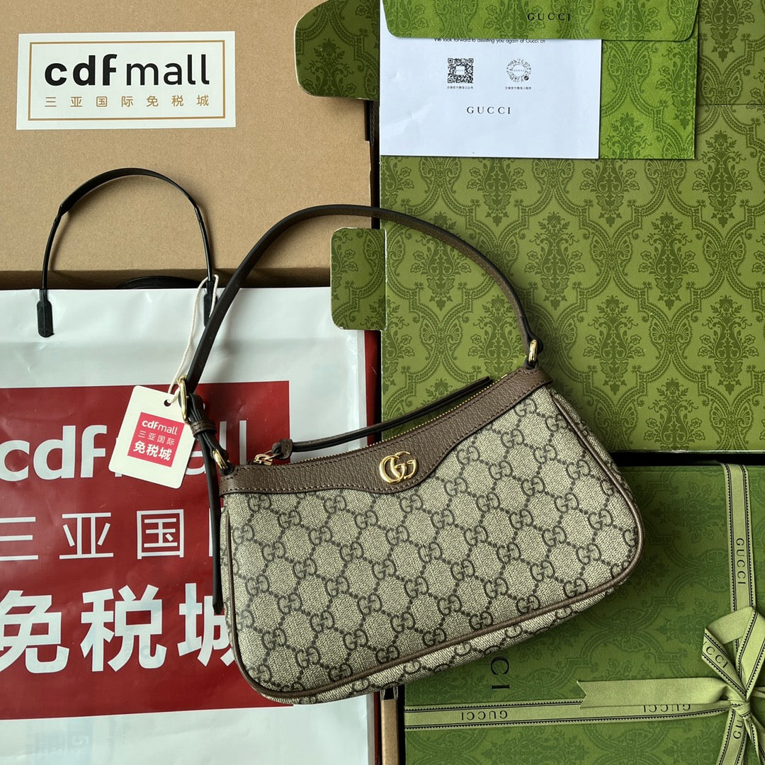 Luxury Gucci GG Ophidia Small Shoulder Bag 21cm Beige Dark Brown Canvas