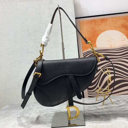 Luxury DiorSaddle Bag Strap Warm Taupe Grained Black Calfskin