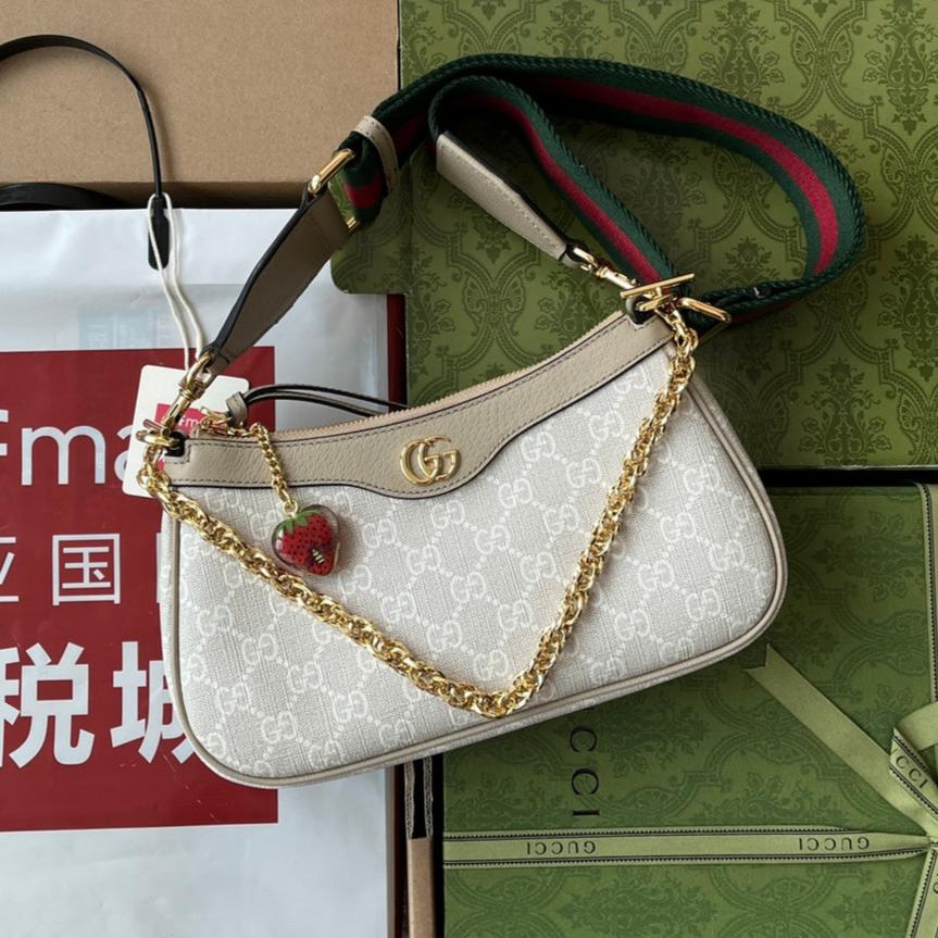 Luxury Gucci OPHIDIA SMALL SHOULDER BAG 25 IN WHITE CANVAS AND OAT LAMBSKIN GOLD HARDWARE