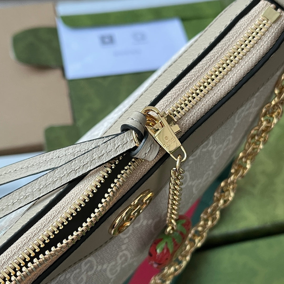 Luxury Gucci OPHIDIA SMALL SHOULDER BAG 25 IN WHITE CANVAS AND OAT LAMBSKIN GOLD HARDWARE