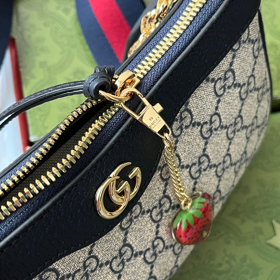 Luxury Gucci OPHIDIA SMALL SHOULDER BAG 25 IN BEIGE CANVAS AND BLACK LAMBSKIN GOLD HARDWARE