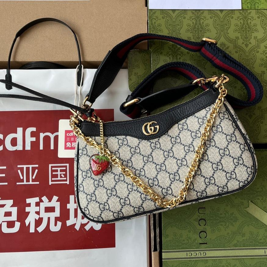 Luxury Gucci OPHIDIA SMALL SHOULDER BAG 25 IN BEIGE CANVAS AND BLACK LAMBSKIN GOLD HARDWARE
