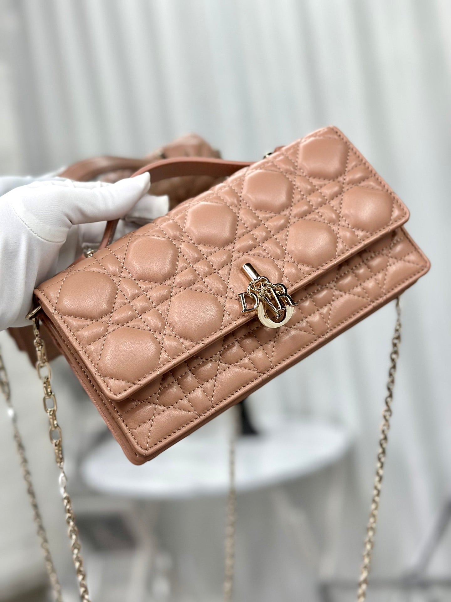 Luxury DiorLADY CHAIN BAG 21 IN ALMOND BEIGE LAMBSKIN