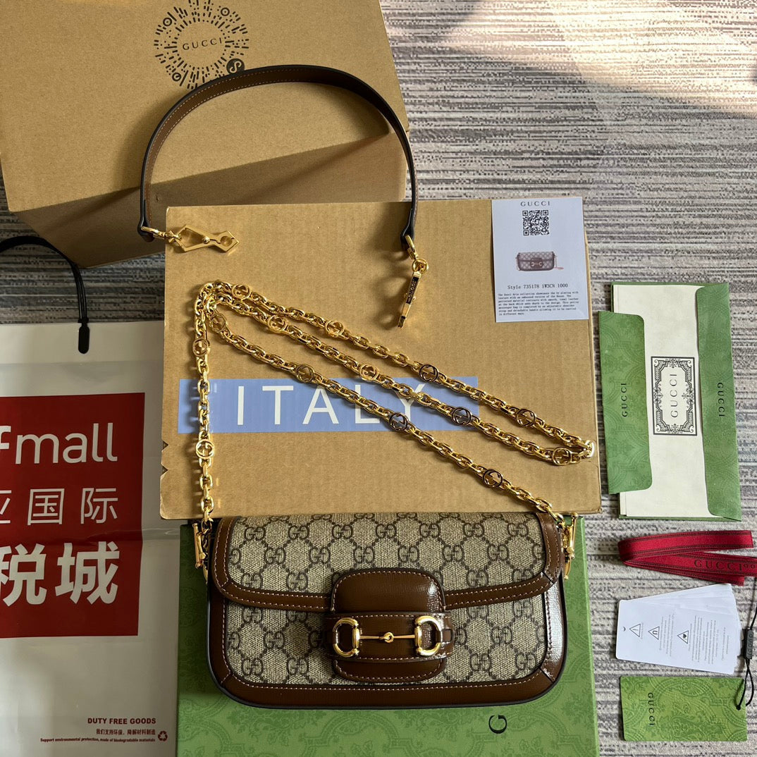 Luxury Gucci GG HORSEBIT 1955 BAG 24 IN BEIGE CANVAS AND BROWN CALFSKIN