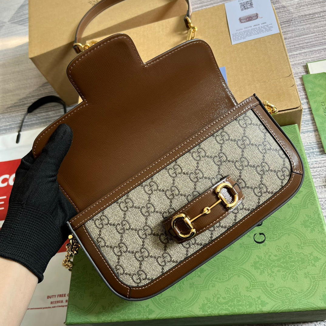 Luxury Gucci GG HORSEBIT 1955 BAG 24 IN BEIGE CANVAS AND BROWN CALFSKIN