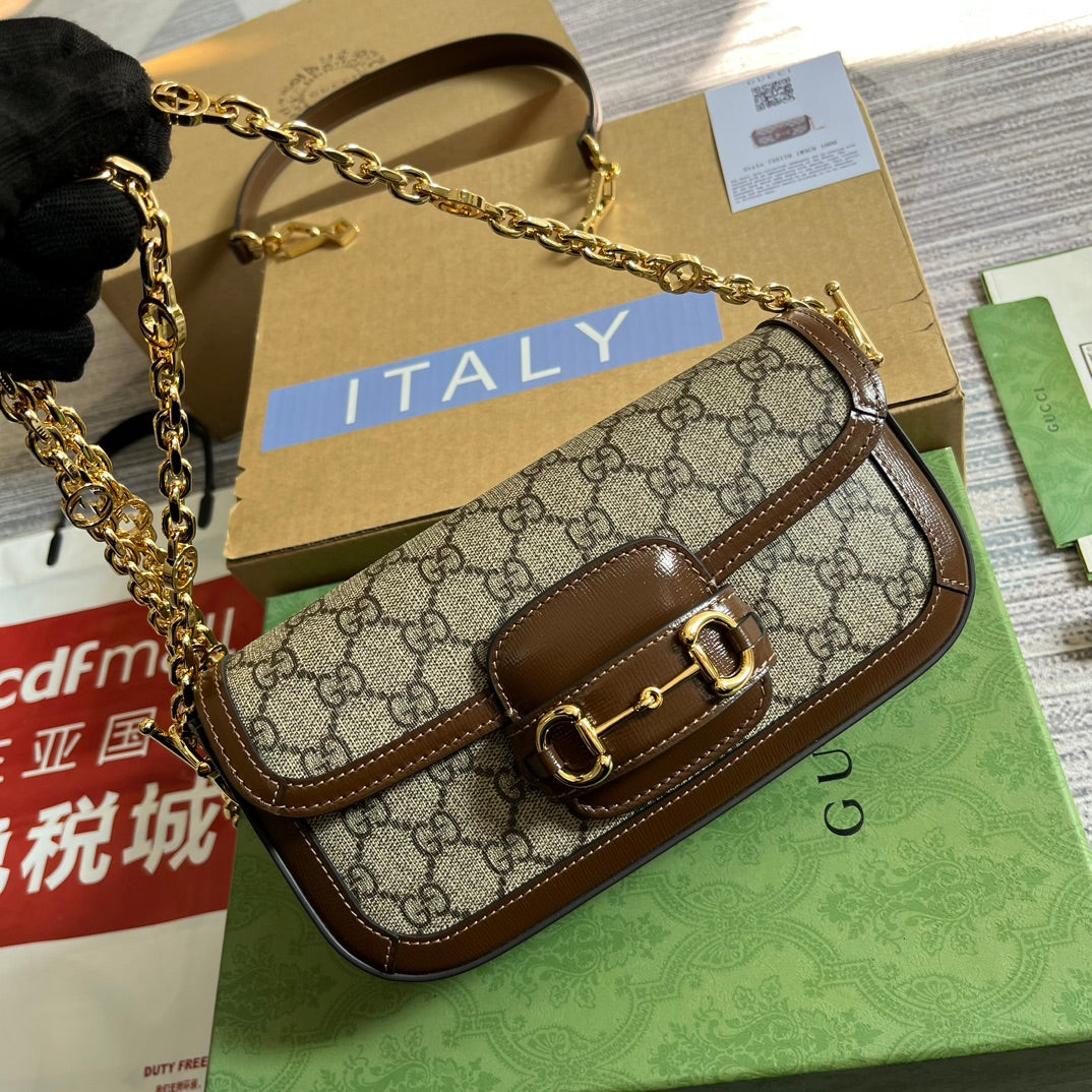 Luxury Gucci GG HORSEBIT 1955 BAG 24 IN BEIGE CANVAS AND BROWN CALFSKIN