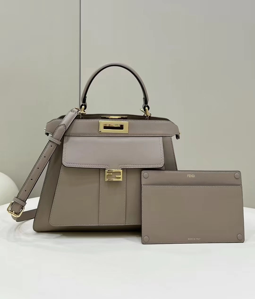 Luxury FendiLuxury FendiPEEKABOO 33 BAG IN KHAKI CALFSKIN WITH STRAP GOLD HARDWARE