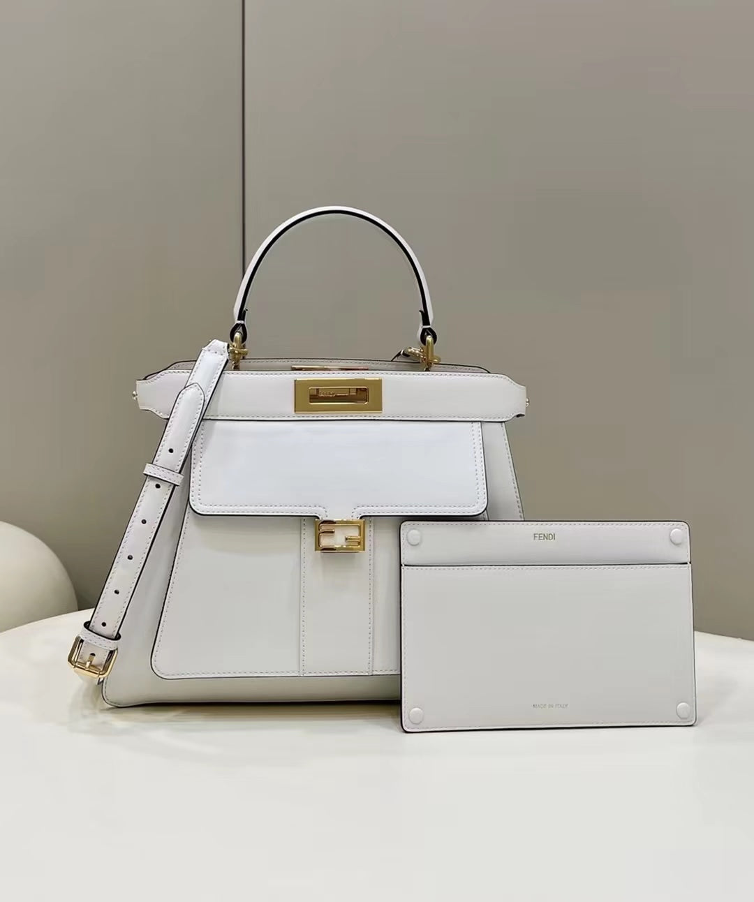 Luxury FendiLuxury FendiPEEKABOO 33 BAG IN WHITE CALFSKIN WITH STRAP GOLD HARDWARE