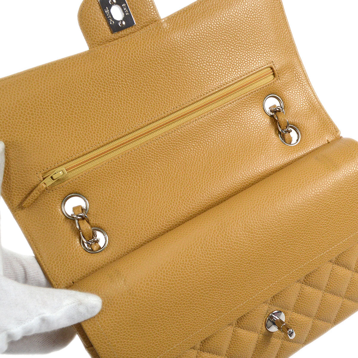 CHANEL 2000-2001 Classic Double Flap Medium SHW Beige Caviar 46370