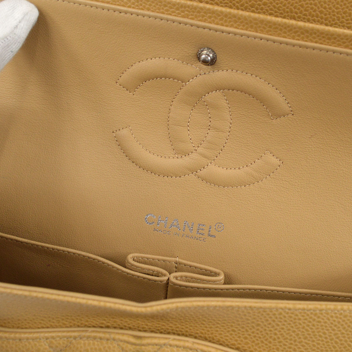 CHANEL 2000-2001 Classic Double Flap Medium SHW Beige Caviar 46370