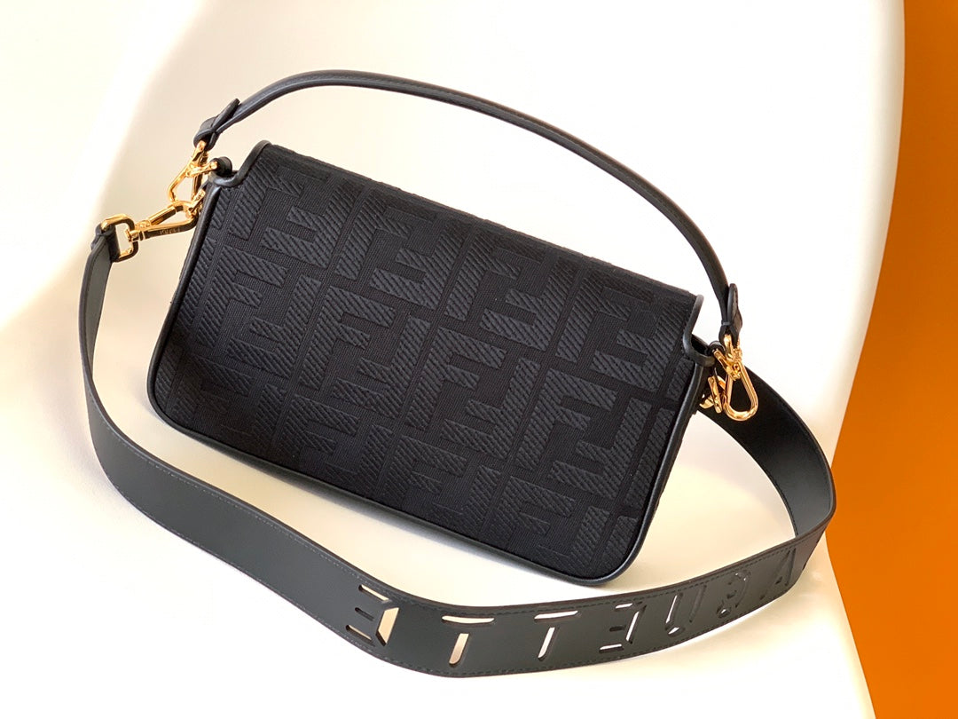 Luxury FendiFend Baguette Black Canvas Bag 27 with FF Embroidery Ghw