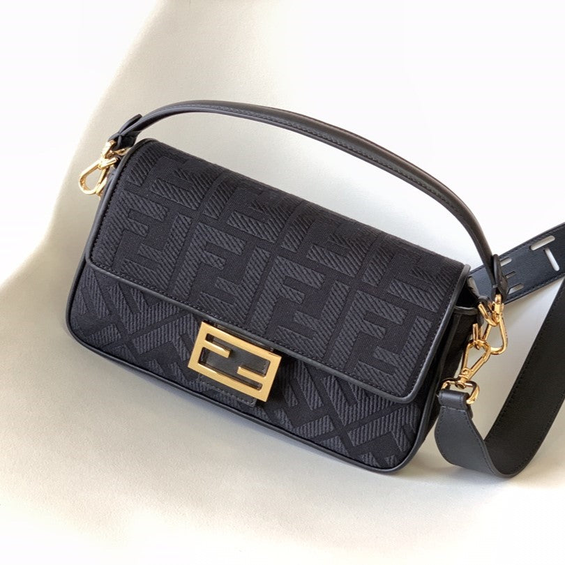 Luxury FendiFend Baguette Black Canvas Bag 27 with FF Embroidery Ghw