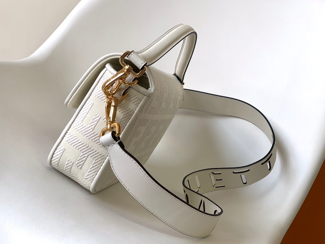 Luxury FendiFend Baguette White Canvas Bag 27 with FF Embroidery Ghw