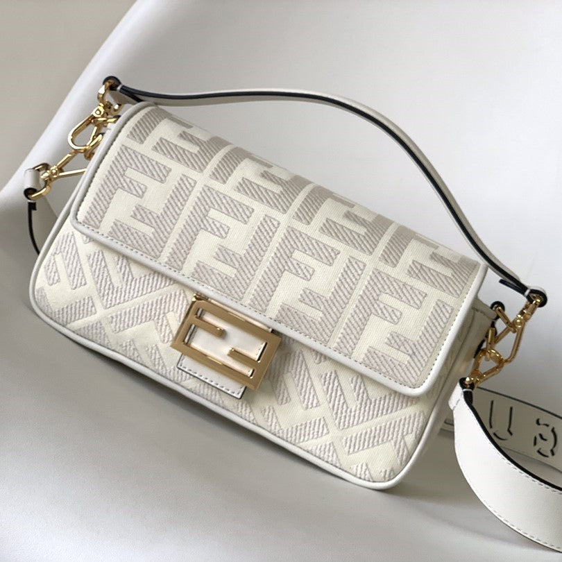 Luxury FendiFend Baguette White Canvas Bag 27 with FF Embroidery Ghw