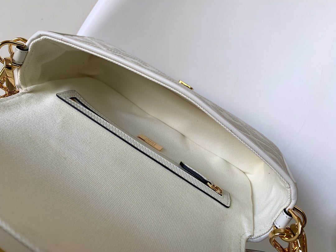 Luxury FendiFend Baguette White Canvas Bag 27 with FF Embroidery Ghw