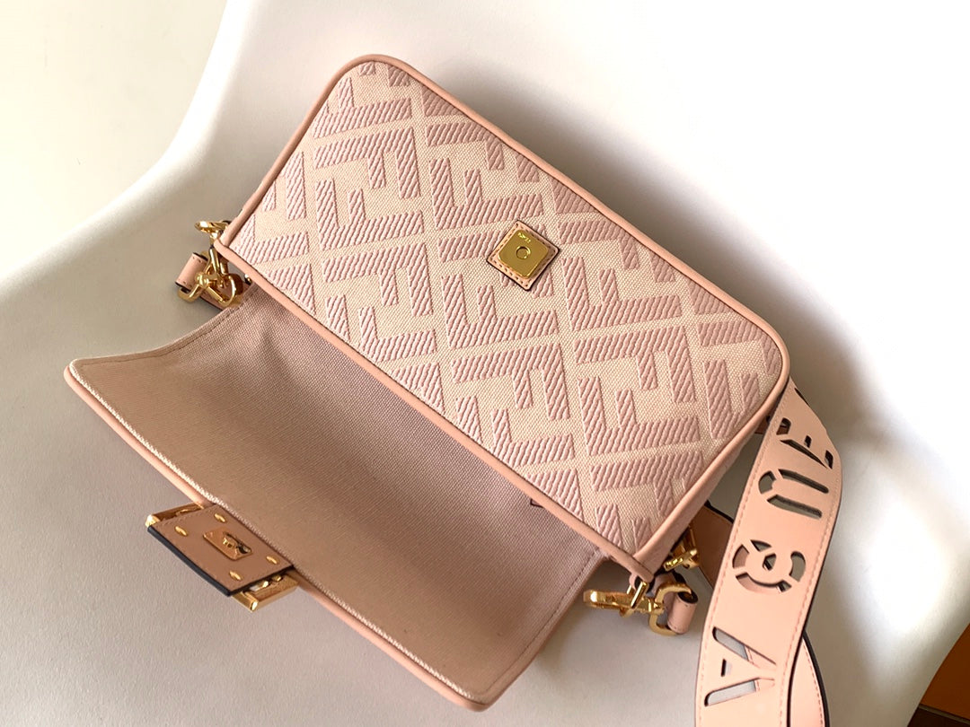 Luxury FendiFend Baguette Pink Canvas Bag 27 with FF Embroidery Ghw