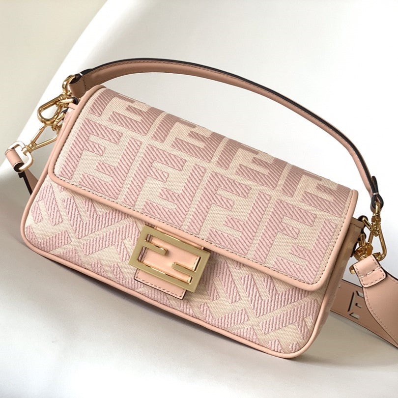 Luxury FendiFend Baguette Pink Canvas Bag 27 with FF Embroidery Ghw