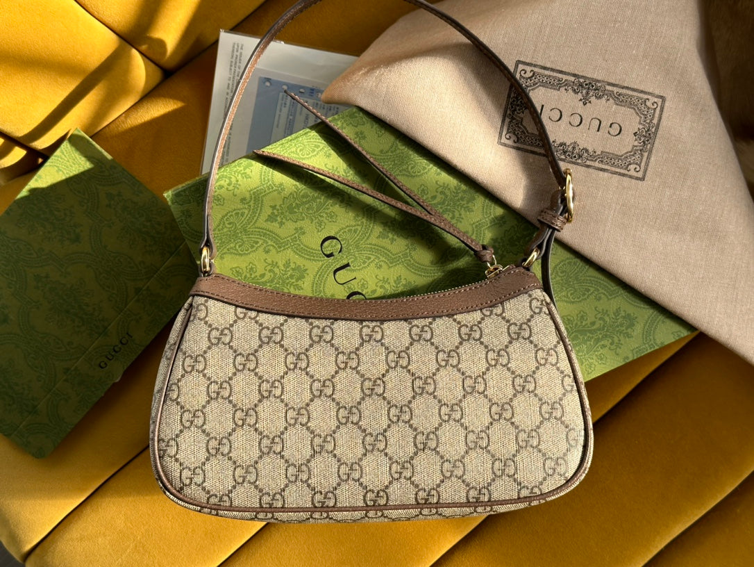 Luxury Gucci OPHIDIA GG SMALL 25 HANDBAG BEIGE AND EBONY SUPREME CANVAS
