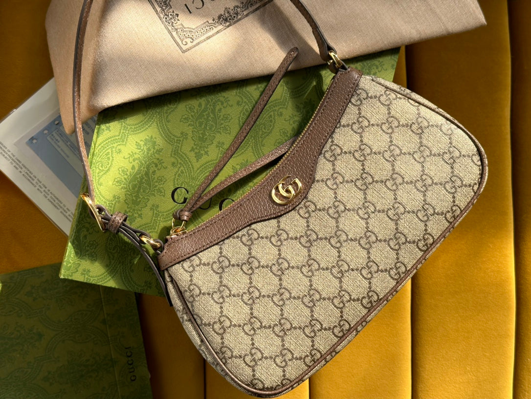 Luxury Gucci OPHIDIA GG SMALL 25 HANDBAG BEIGE AND EBONY SUPREME CANVAS