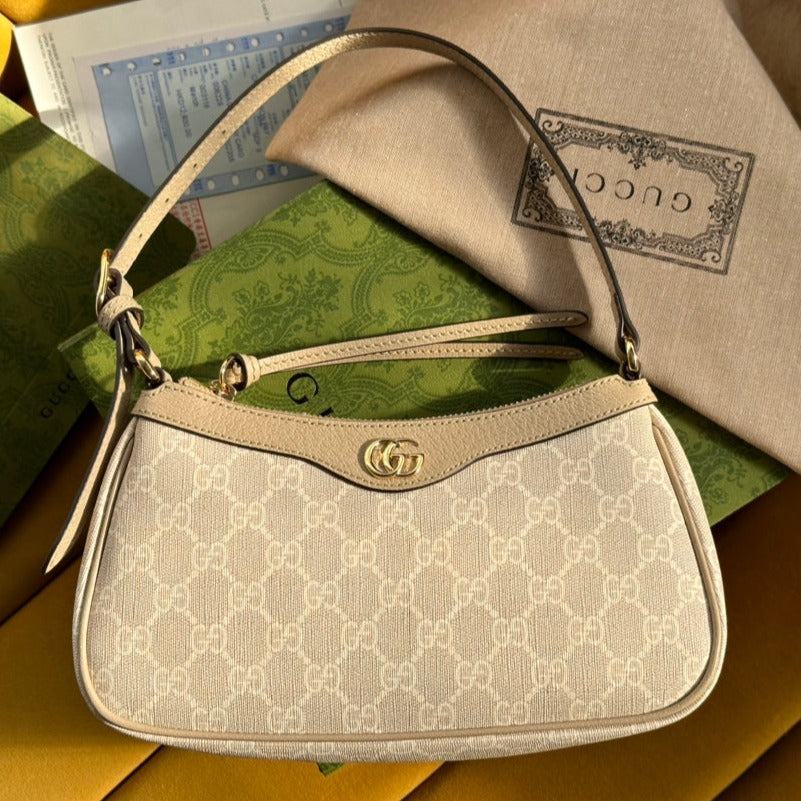 Luxury Gucci OPHIDIA GG SMALL 25 HANDBAG BEIGE AND WHITE SUPREME CANVAS
