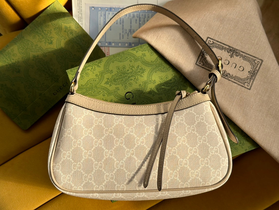 Luxury Gucci OPHIDIA GG SMALL 25 HANDBAG BEIGE AND WHITE SUPREME CANVAS