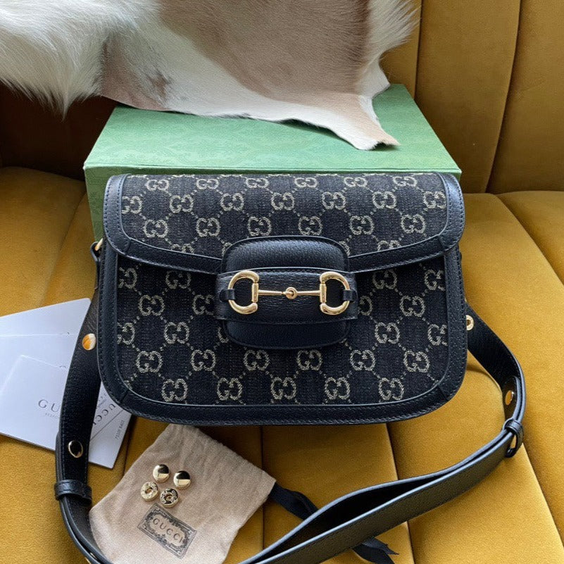 Luxury Gucci GG HORSEBIT 1955 SADDLE BAG 25 IN BLACK CANVAS AND CALFSKIN