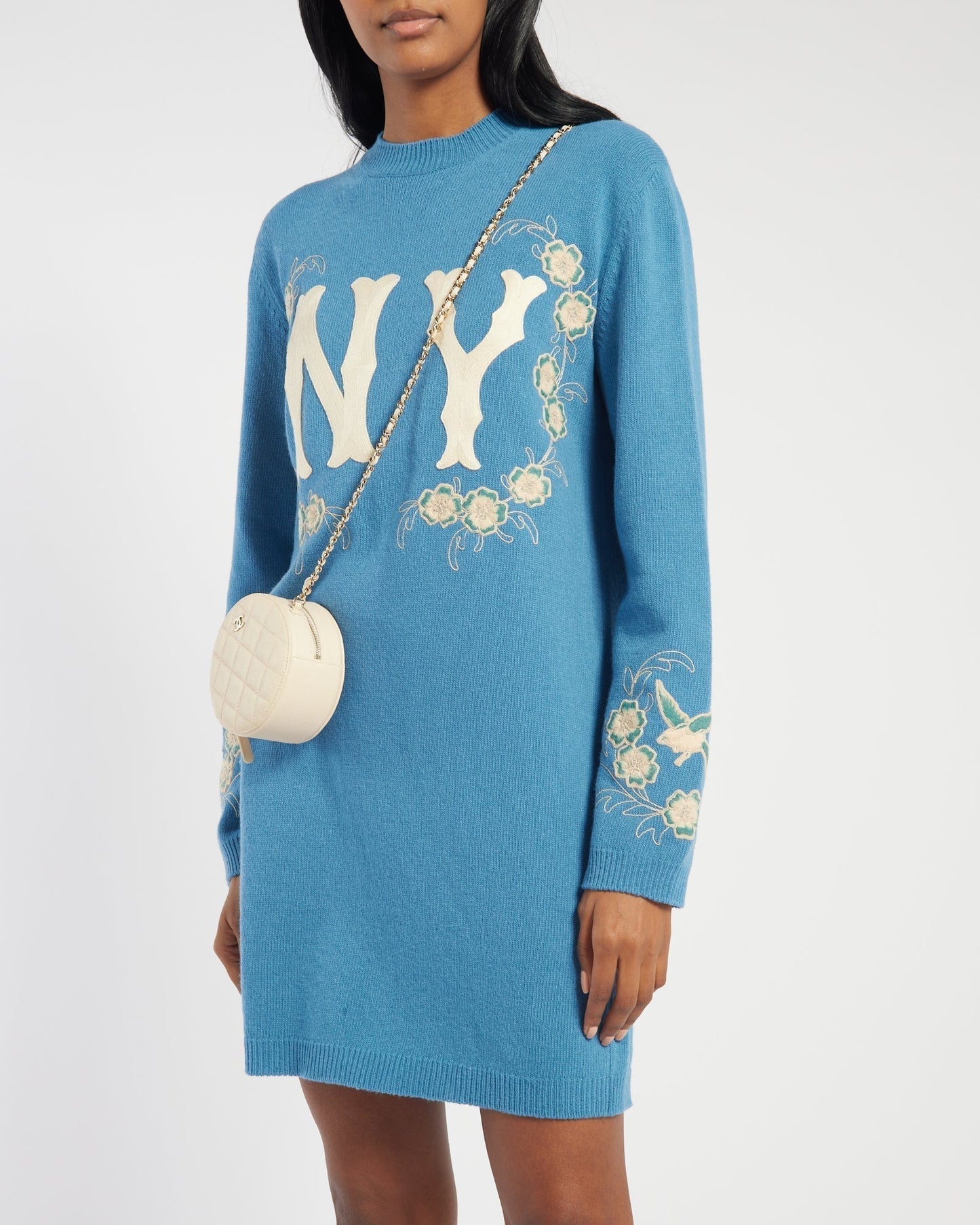 Luxury Gucci Trending 2025 Blue New York Yankees Embroidered Wool Knit Dress Size XS (UK 6)