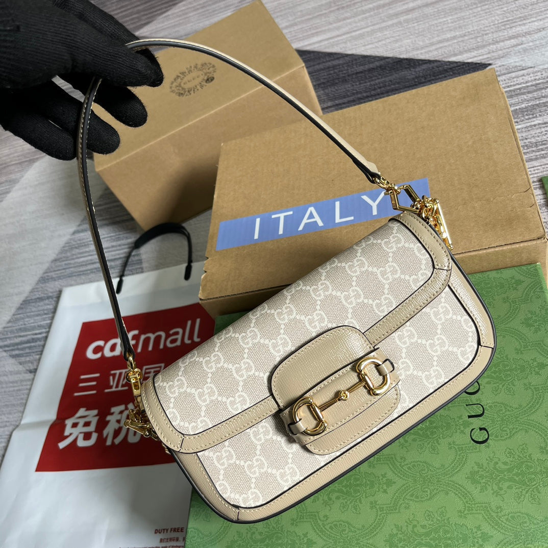 Luxury Gucci GG HORSEBIT 1955 BAG 24 IN WHITE CANVAS AND BEIGE CALFSKIN