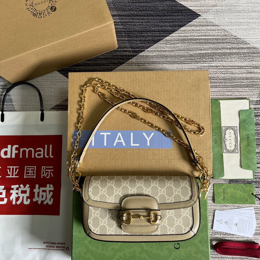 Luxury Gucci GG HORSEBIT 1955 BAG 24 IN WHITE CANVAS AND BEIGE CALFSKIN
