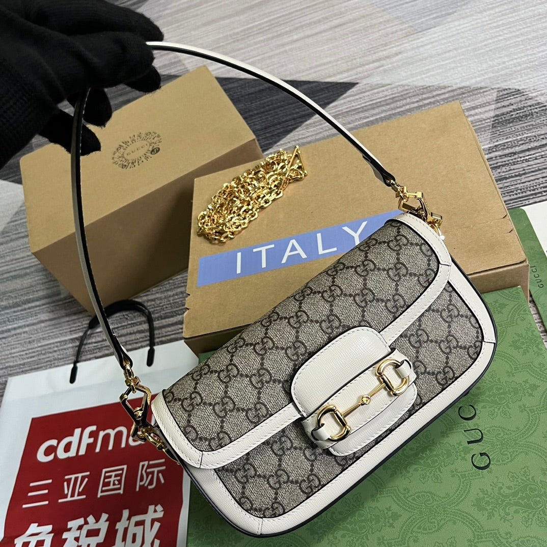 Luxury Gucci GG HORSEBIT 1955 BAG 24 IN BEIGE CANVAS AND WHITE CALFSKIN
