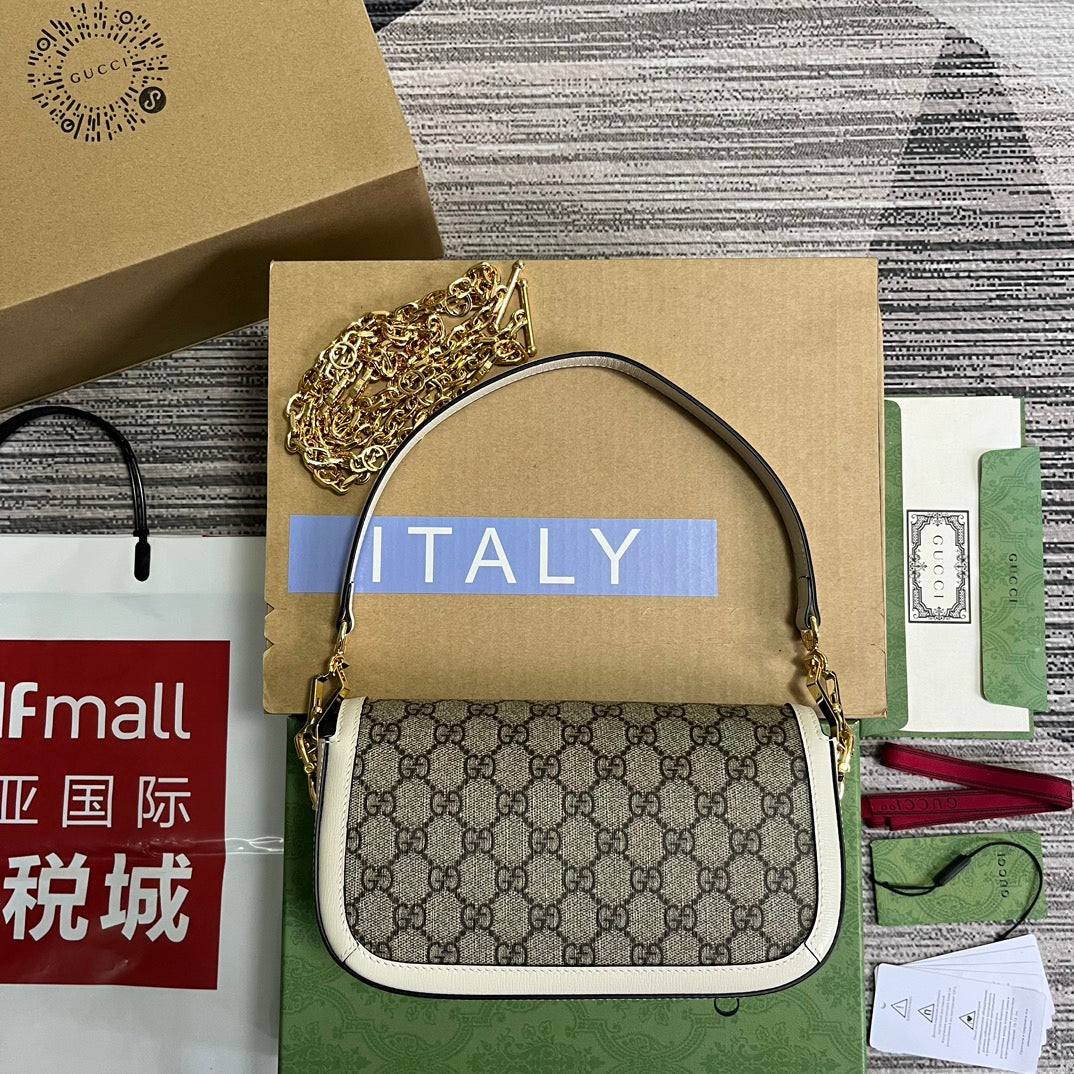 Luxury Gucci GG HORSEBIT 1955 BAG 24 IN BEIGE CANVAS AND WHITE CALFSKIN