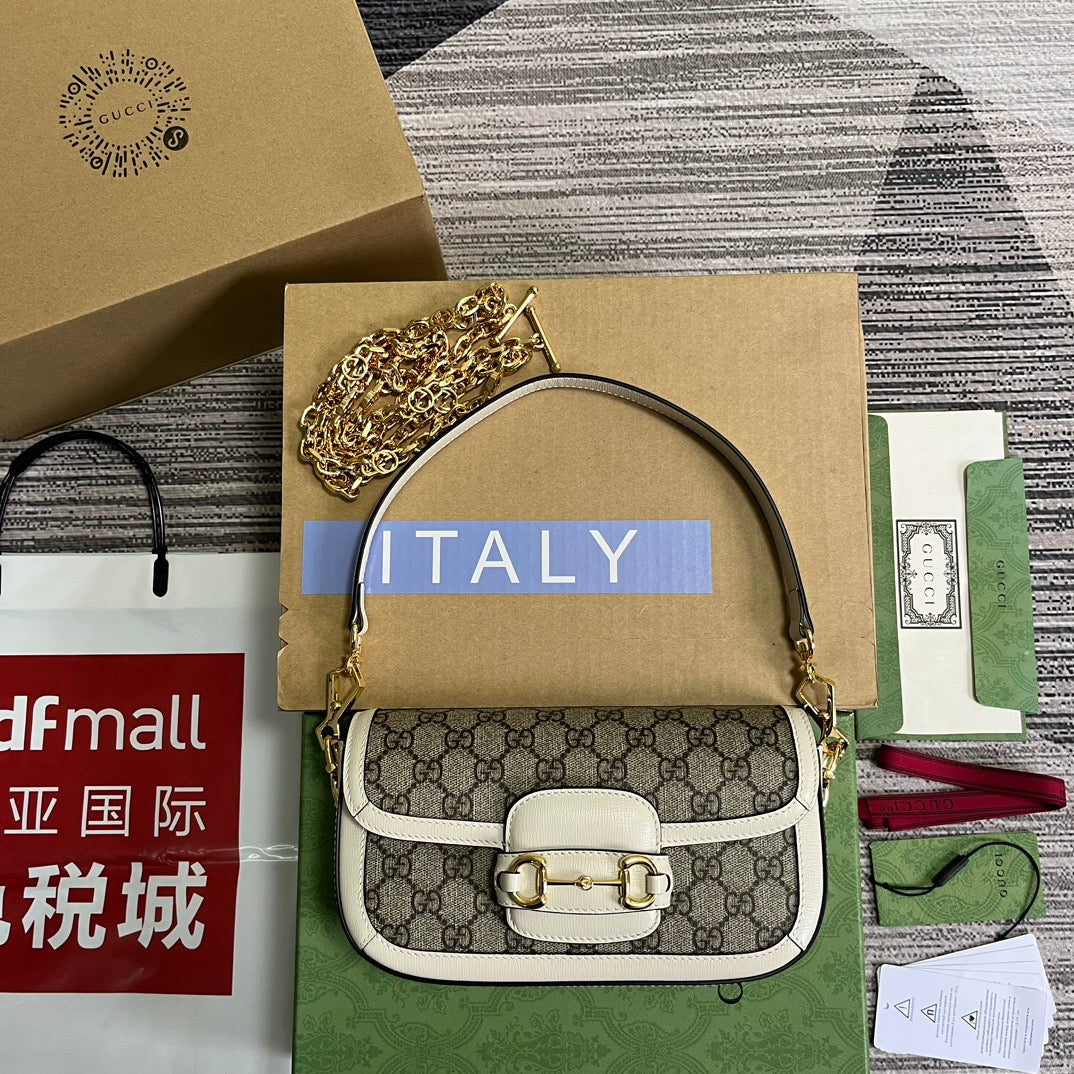 Luxury Gucci GG HORSEBIT 1955 BAG 24 IN BEIGE CANVAS AND WHITE CALFSKIN