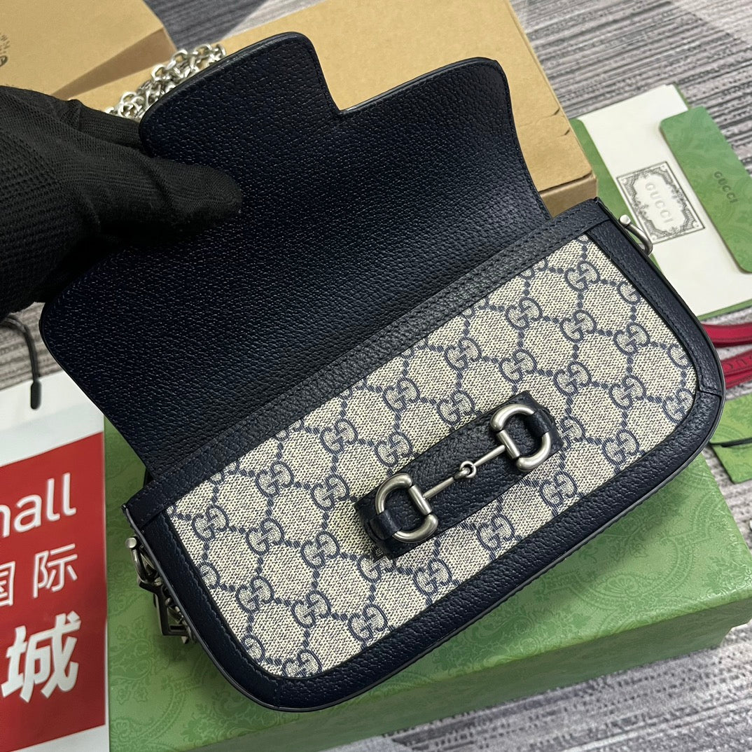 Luxury Gucci GG HORSEBIT 1955 BAG 24 IN BEIGE CANVAS AND BLACK CALFSKIN