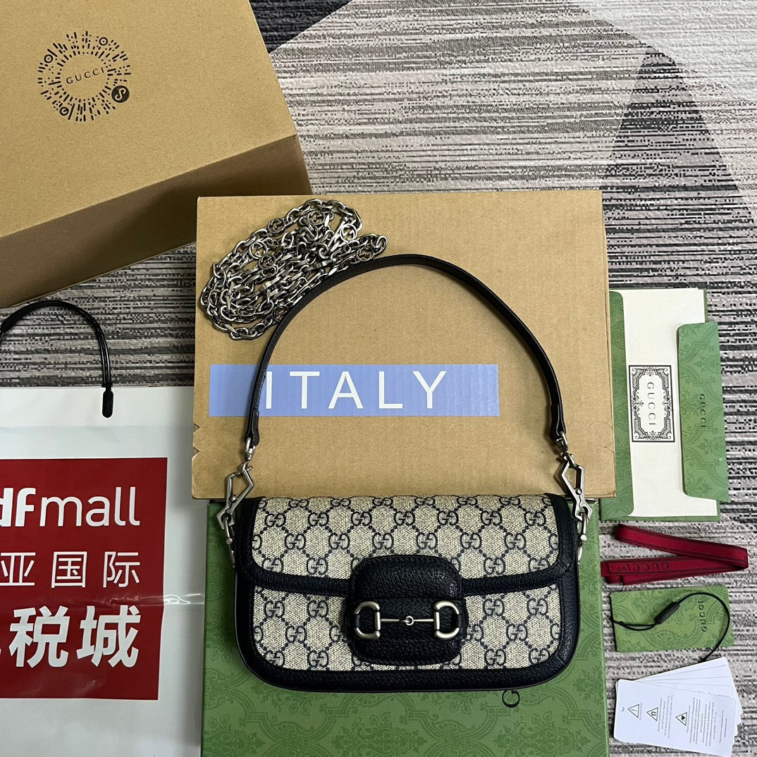 Luxury Gucci GG HORSEBIT 1955 BAG 24 IN BEIGE CANVAS AND BLACK CALFSKIN