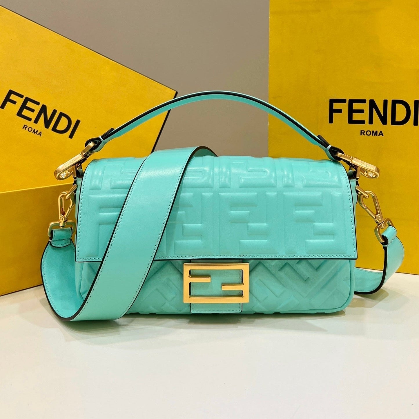 Luxury FendiBAGUETTE WITH FF MOTIF 27 IN TURQUOISE SOFT LAMBSKIN GOLD HARDWARE