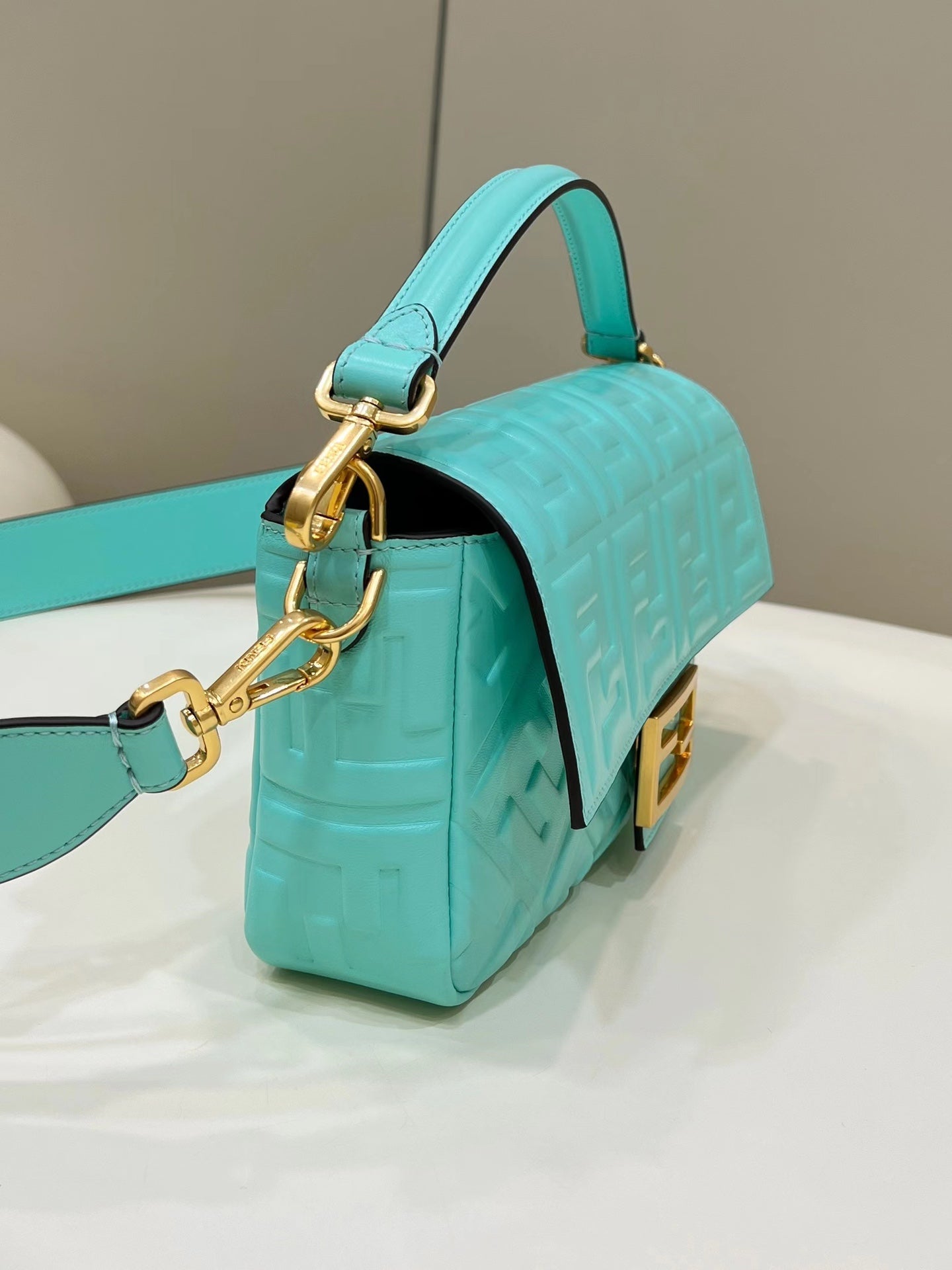Luxury FendiBAGUETTE WITH FF MOTIF 27 IN TURQUOISE SOFT LAMBSKIN GOLD HARDWARE