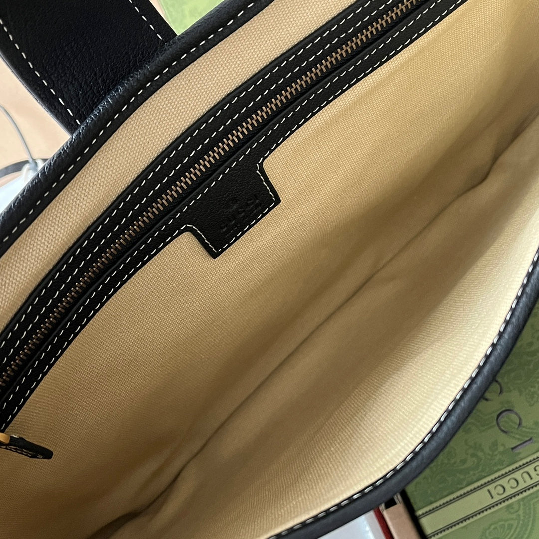 Luxury Gucci MEDIUM SHOULDER BAG 39 IN BEIGE CANVAS MIX BLACK CALFSKIN GOLD HARDWARE