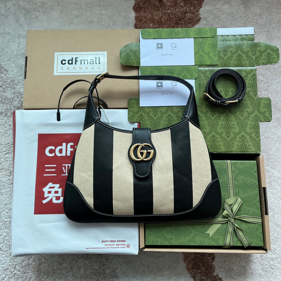 Luxury Gucci MEDIUM SHOULDER BAG 39 IN BEIGE CANVAS MIX BLACK CALFSKIN GOLD HARDWARE
