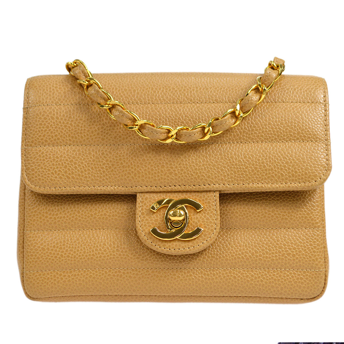 CHANEL 1994-1996 Horizontal Stitch Classic Square Flap Mini 17 Beige Caviar 56420